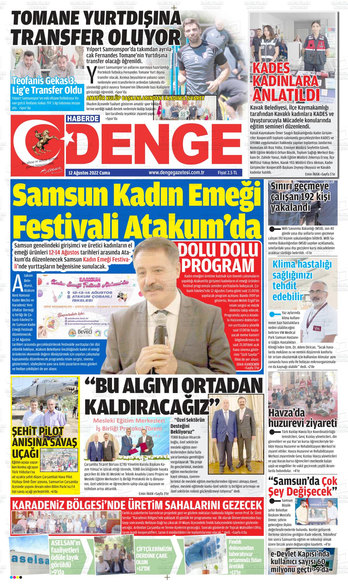 12 Ağustos 2022 Samsun Denge Gazete Manşeti