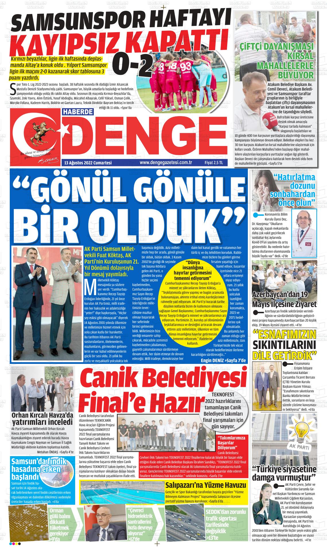 13 Ağustos 2022 Samsun Denge Gazete Manşeti