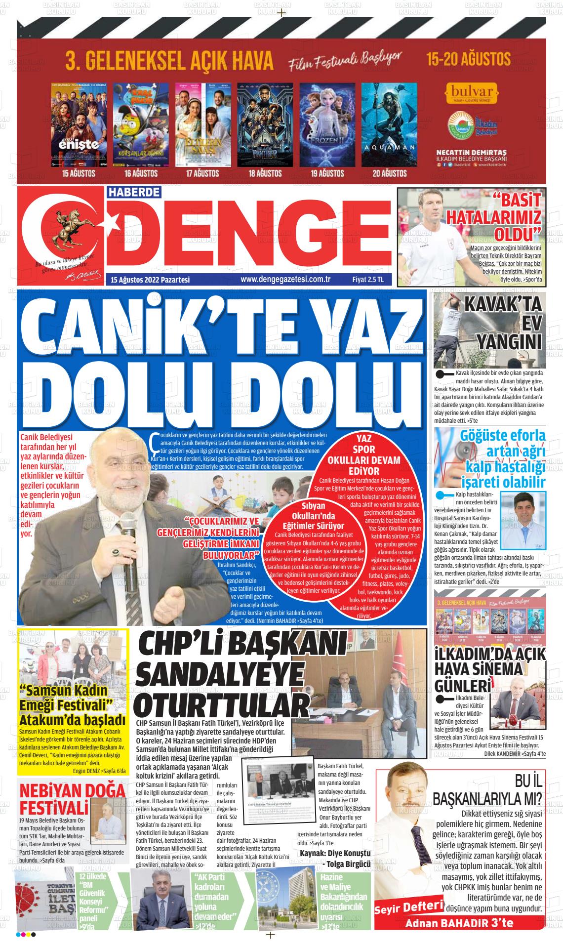 15 Ağustos 2022 Samsun Denge Gazete Manşeti
