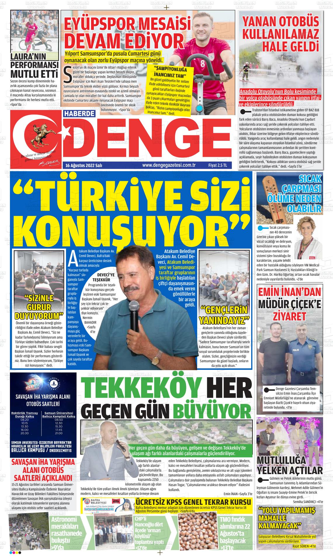 16 Ağustos 2022 Samsun Denge Gazete Manşeti