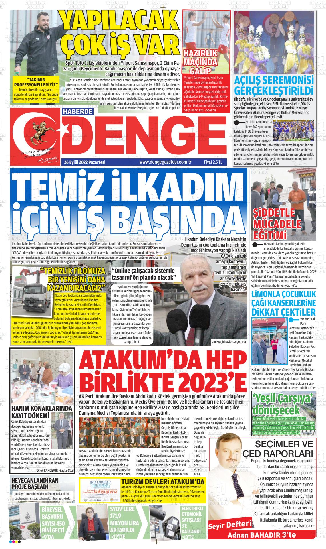 26 Eylül 2022 Samsun Denge Gazete Manşeti