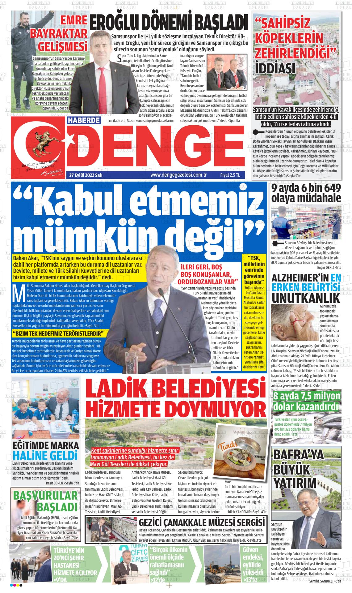 27 Eylül 2022 Samsun Denge Gazete Manşeti