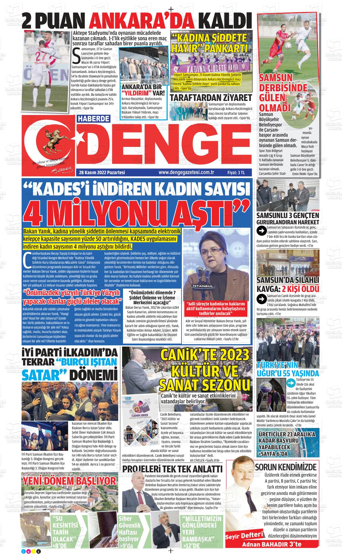 28 Kasım 2022 Samsun Denge Gazete Manşeti