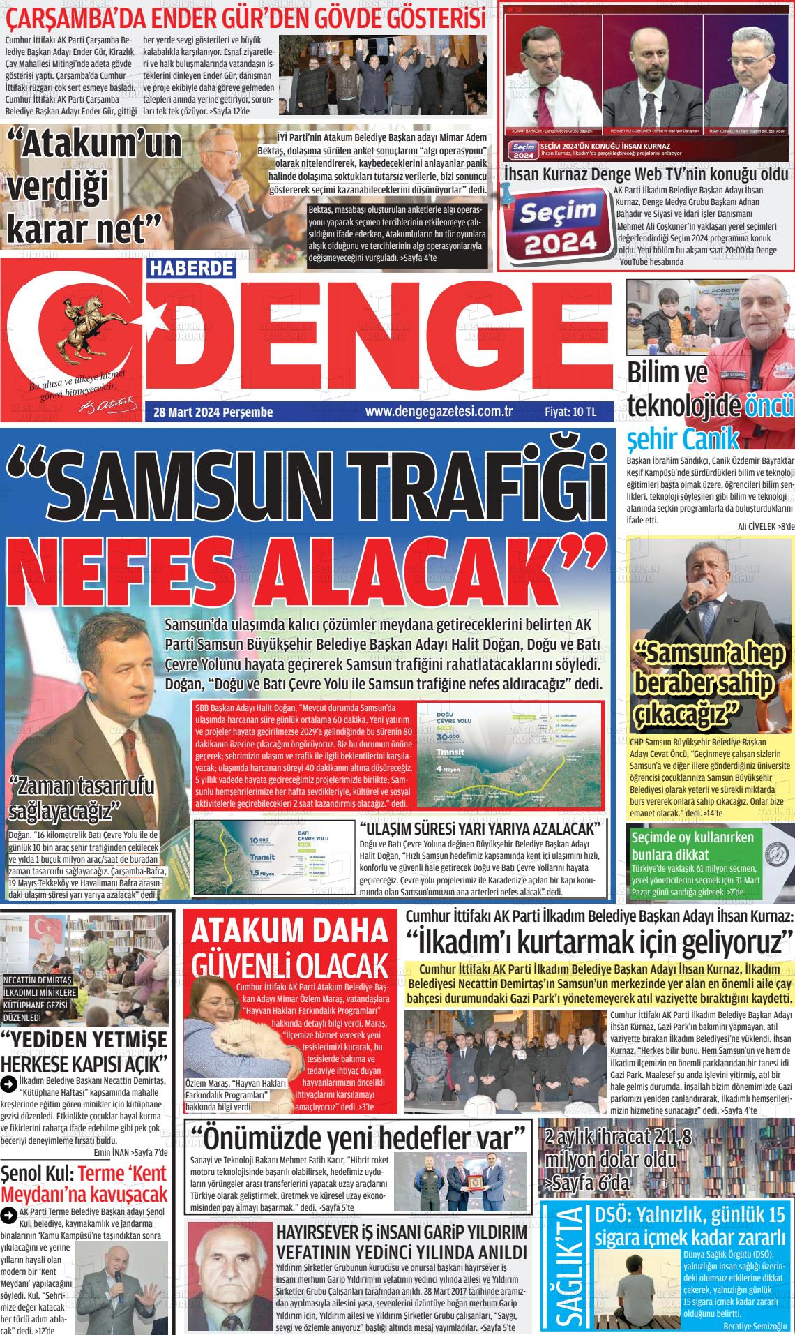 28 Mart 2024 Samsun Denge Gazete Manşeti