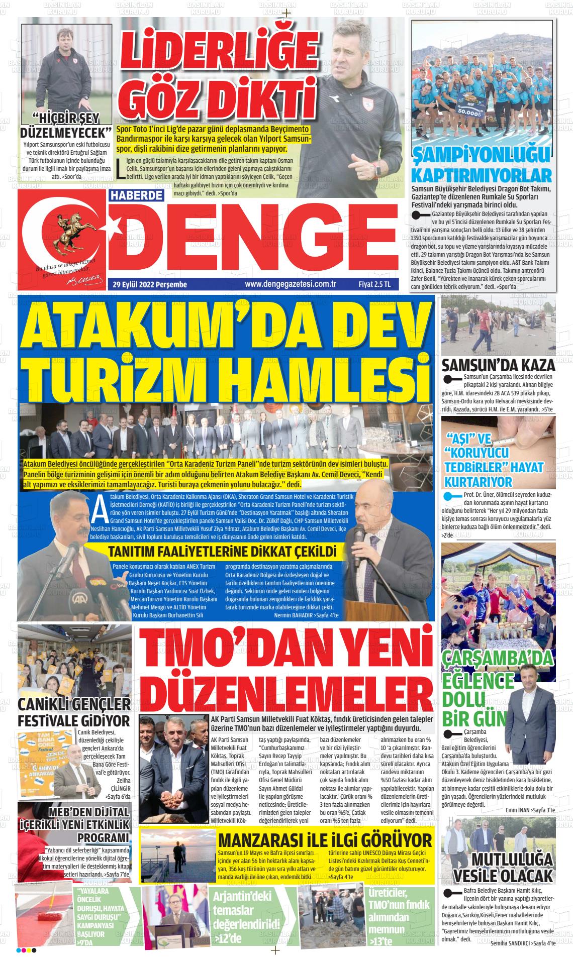 29 Eylül 2022 Samsun Denge Gazete Manşeti