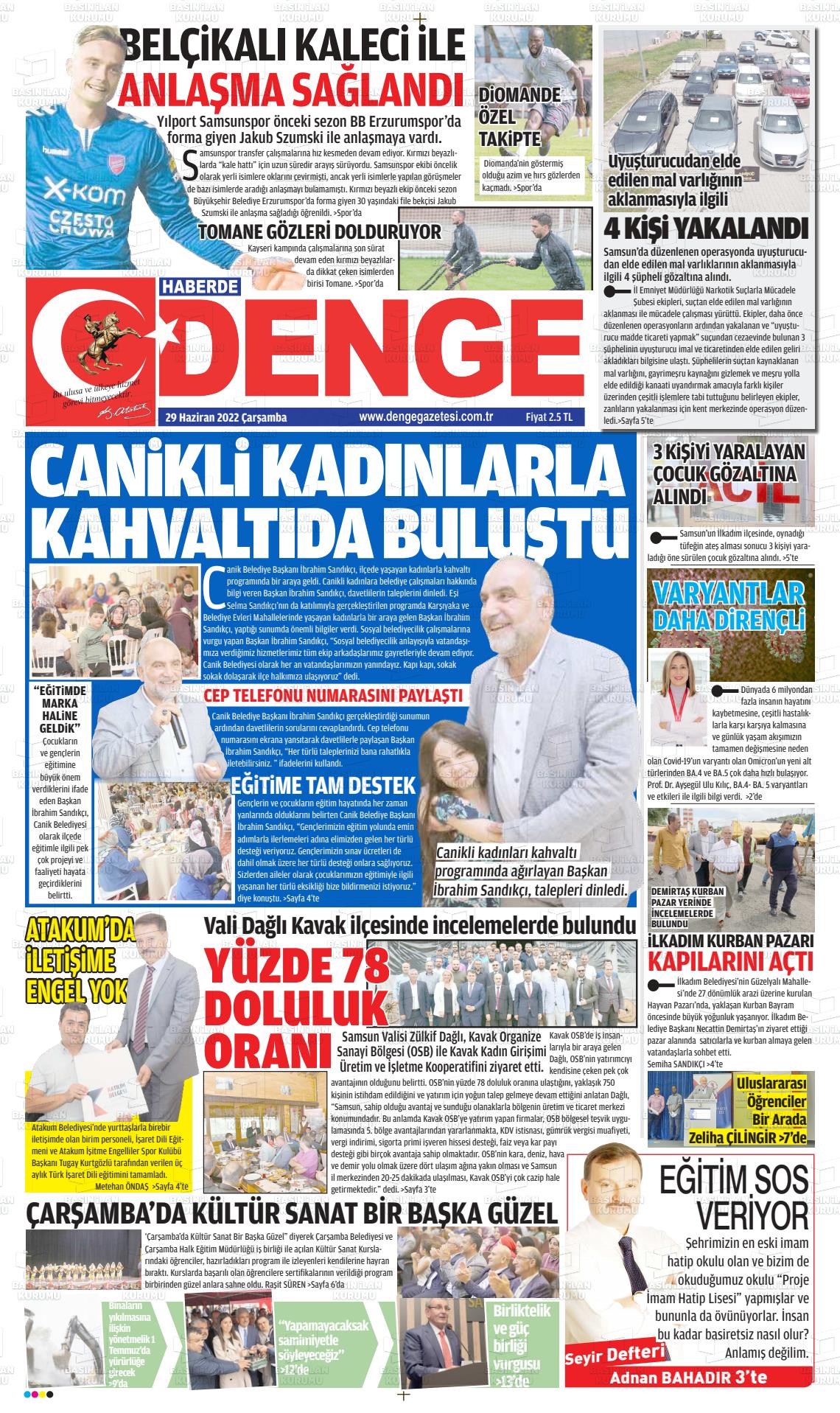 29 Haziran 2022 Samsun Denge Gazete Manşeti