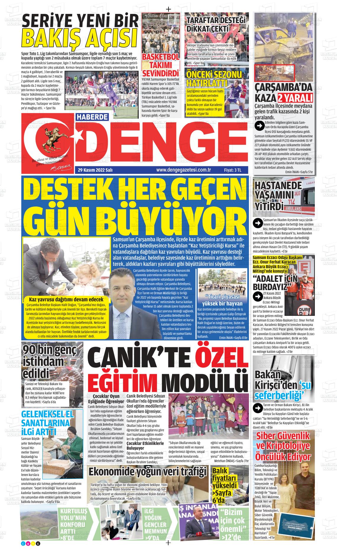 29 Kasım 2022 Samsun Denge Gazete Manşeti