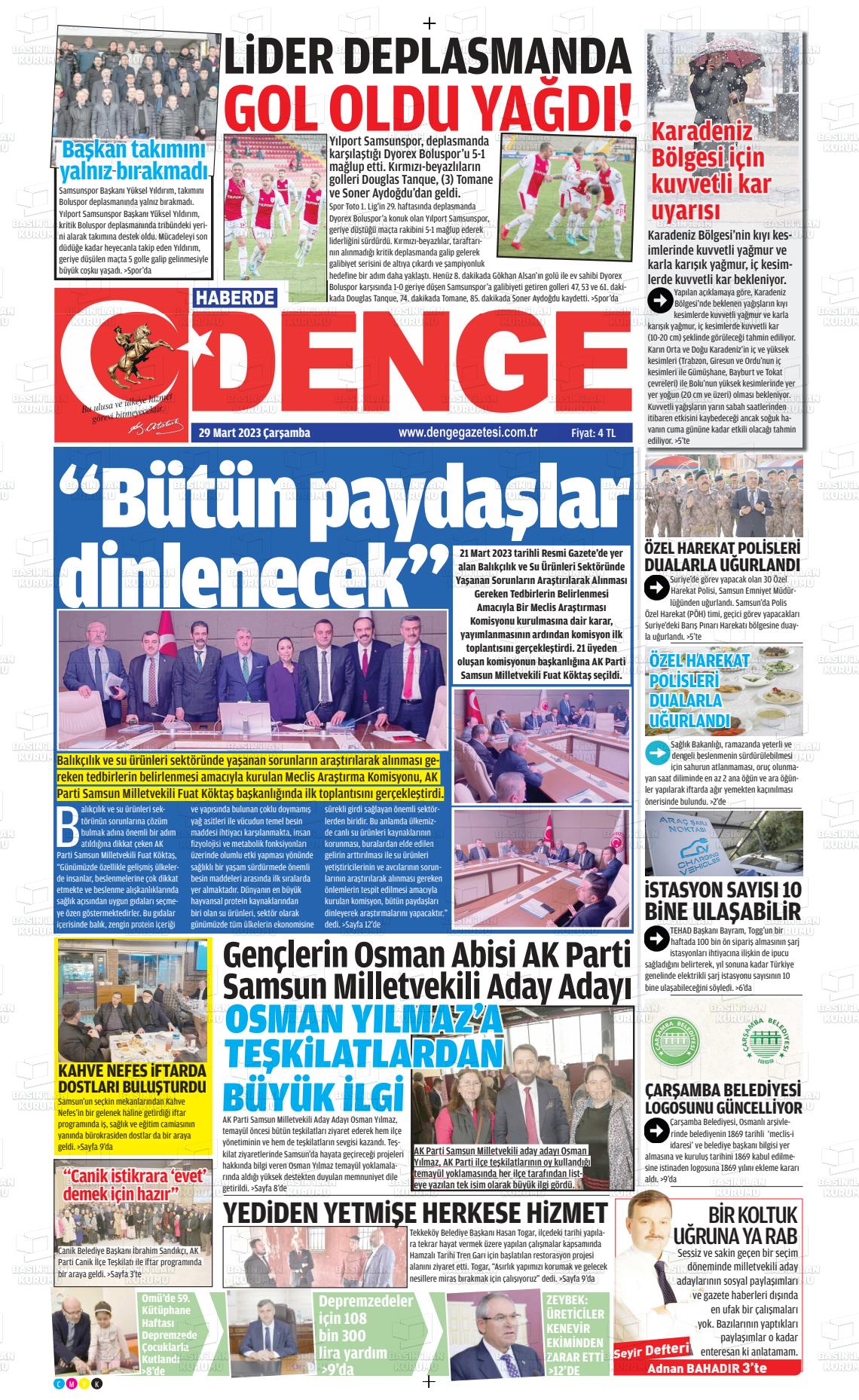 29 Mart 2023 Samsun Denge Gazete Manşeti