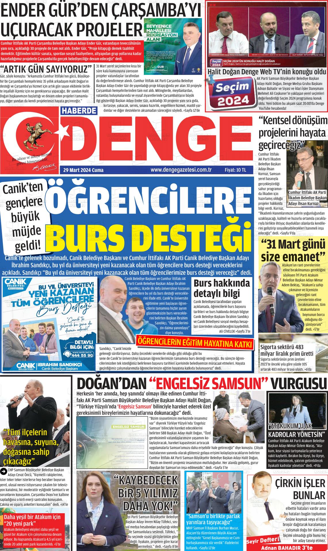 29 Mart 2024 Samsun Denge Gazete Manşeti