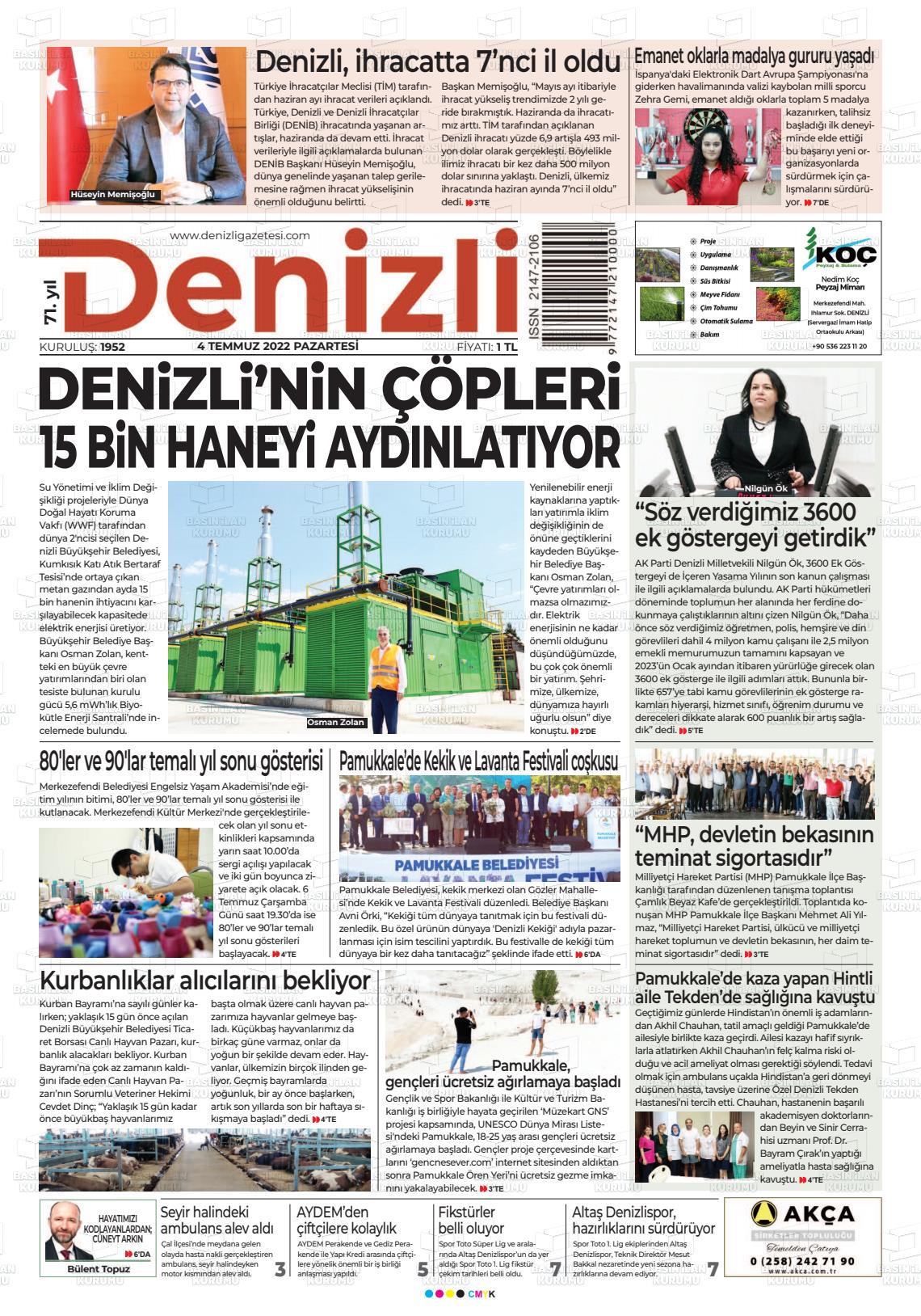 04 Temmuz 2022 Denizli Gazete Manşeti