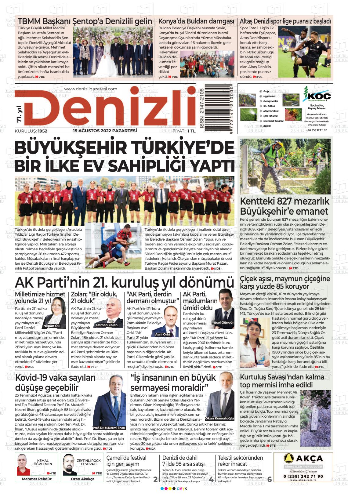 15 Ağustos 2022 Denizli Gazete Manşeti