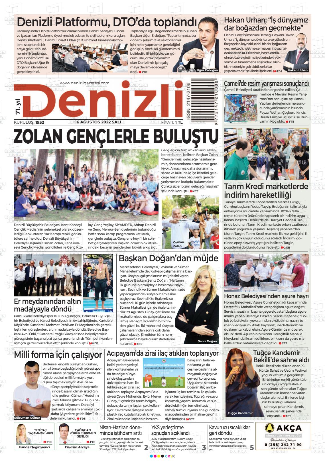 16 Ağustos 2022 Denizli Gazete Manşeti