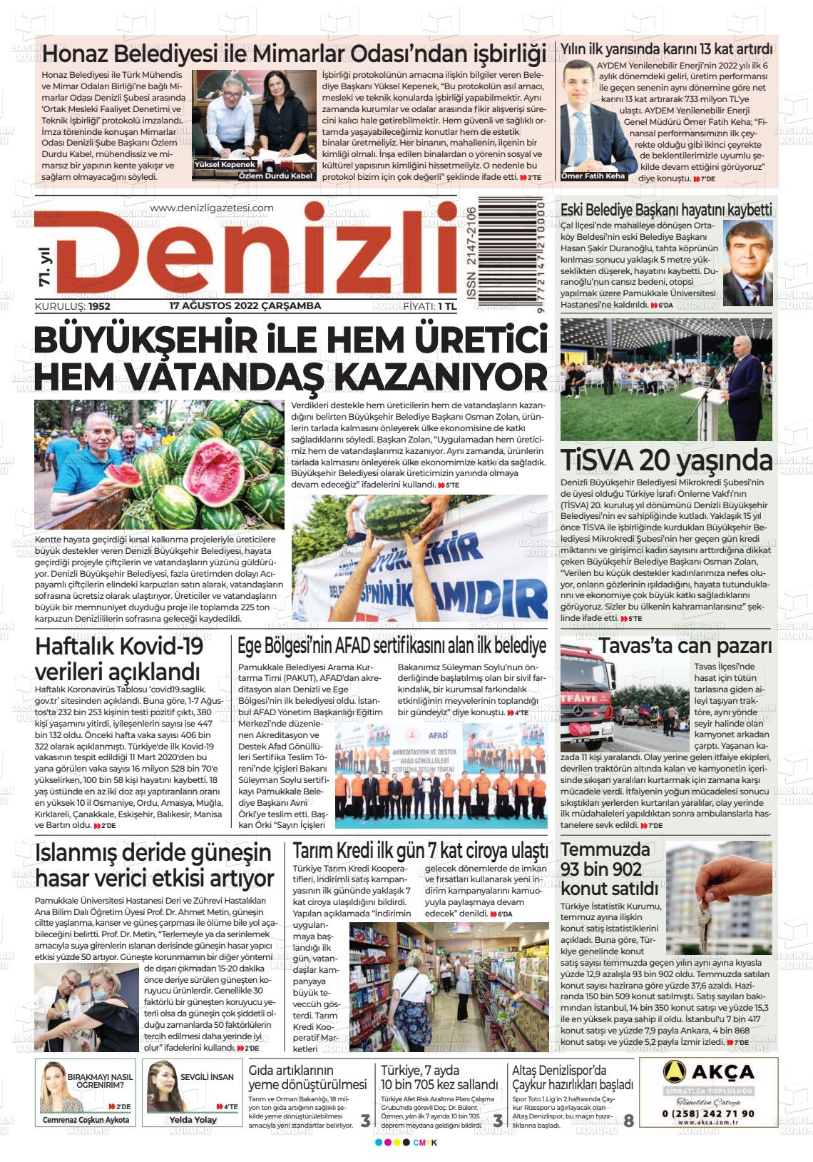 17 Ağustos 2022 Denizli Gazete Manşeti