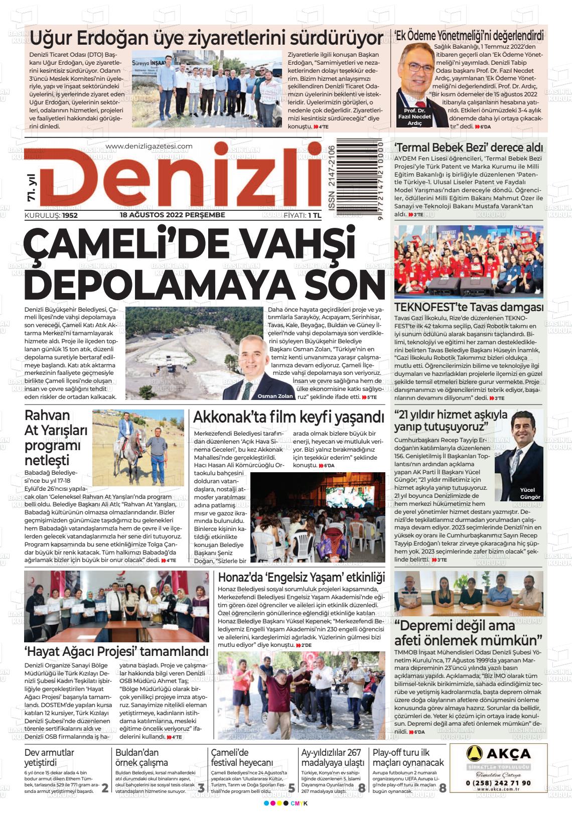 18 Ağustos 2022 Denizli Gazete Manşeti