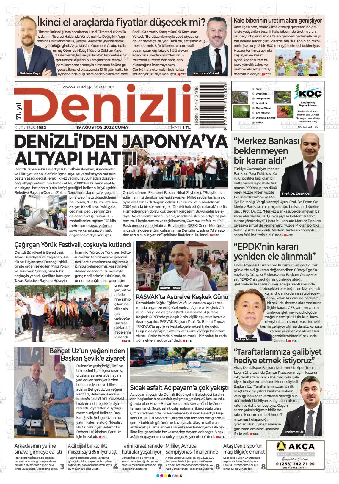 19 Ağustos 2022 Denizli Gazete Manşeti