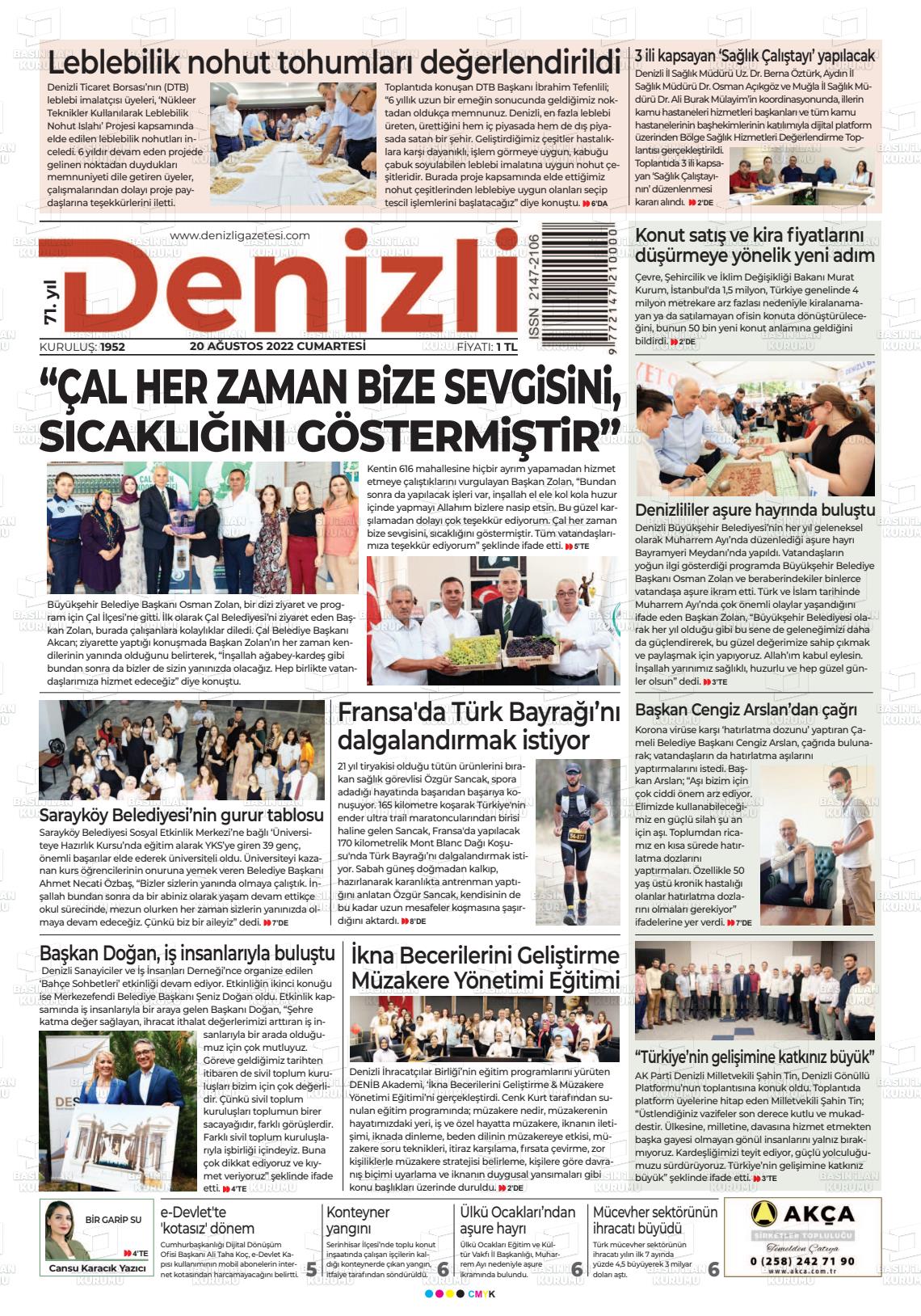 20 Ağustos 2022 Denizli Gazete Manşeti