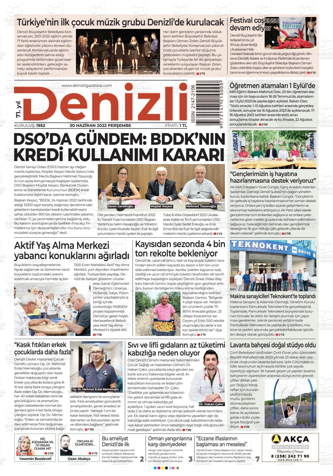 01 Temmuz 2022 Denizli Gazete Manşeti