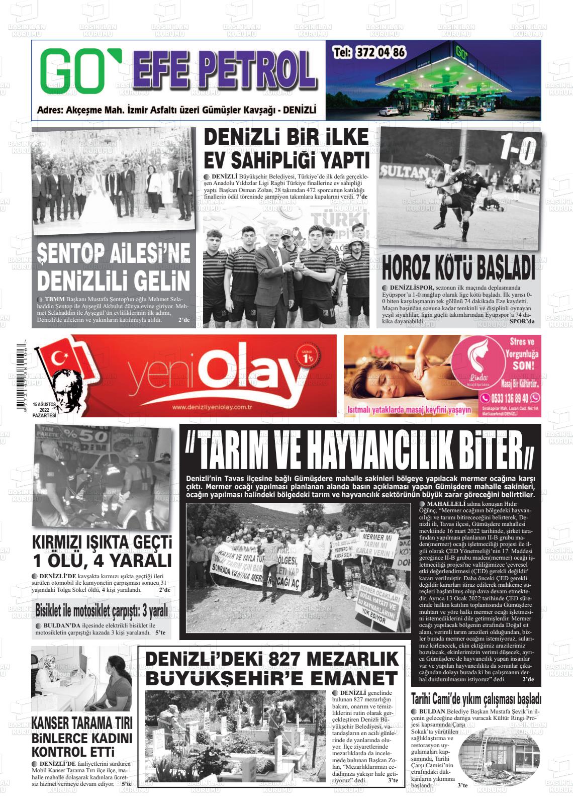 15 Ağustos 2022 Denizli Yeni Olay Gazete Manşeti