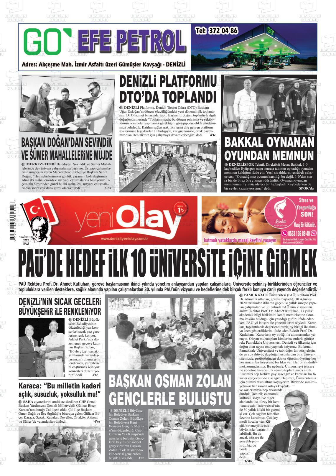 16 Ağustos 2022 Denizli Yeni Olay Gazete Manşeti