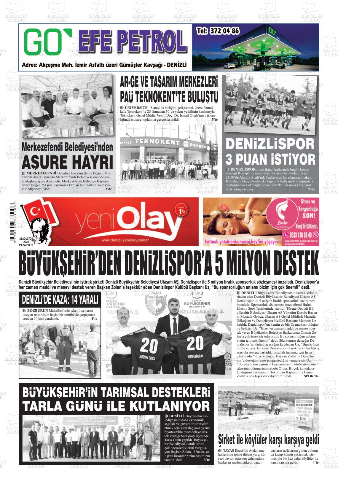 23 Ağustos 2022 Denizli Yeni Olay Gazete Manşeti
