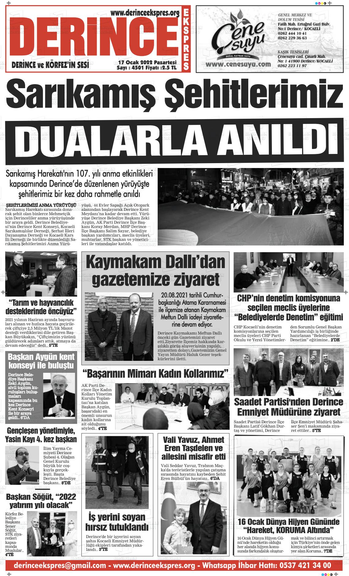 17 Ocak 2022 Derince Ekspres Gazete Manşeti