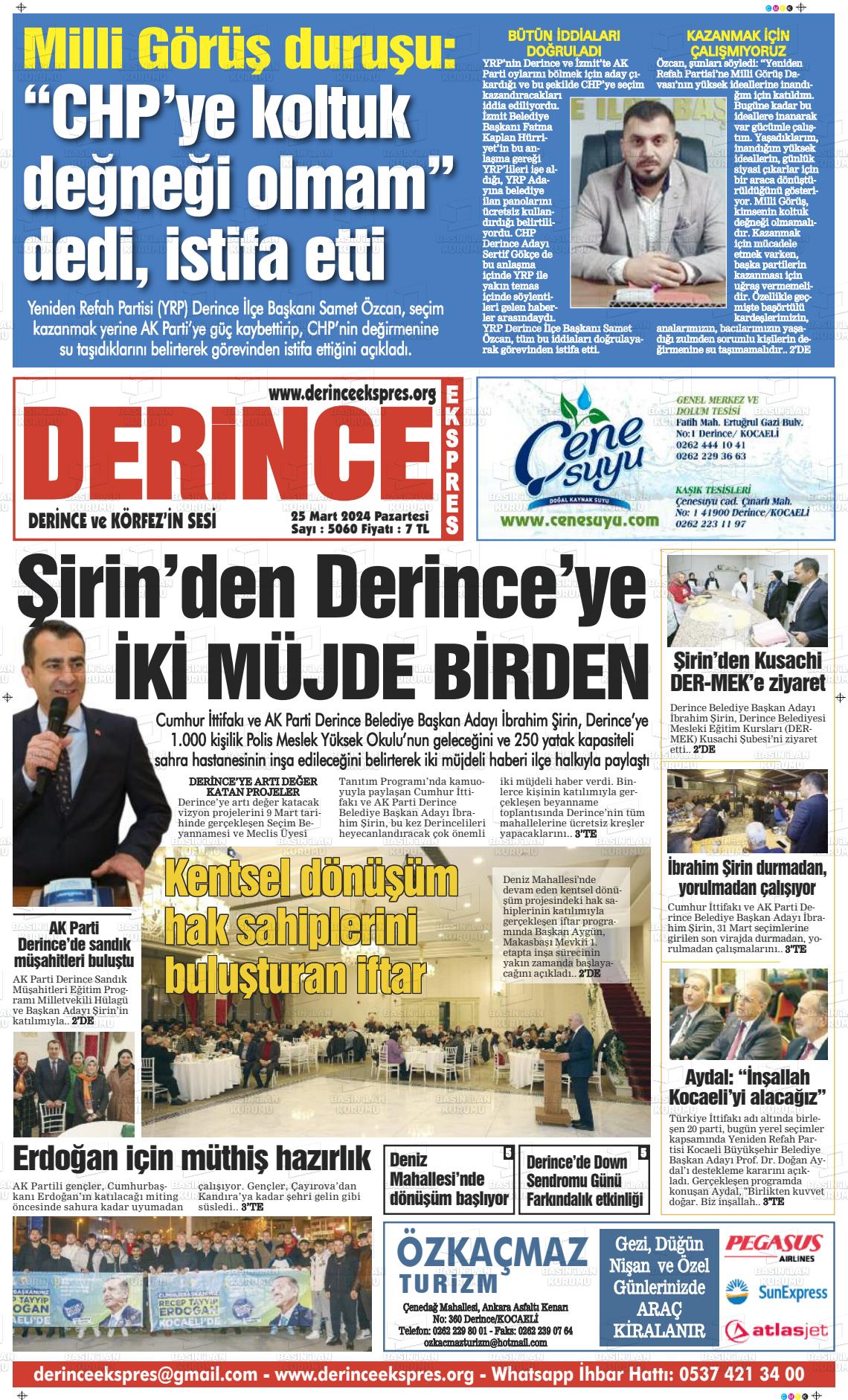25 Mart 2024 Derince Ekspres Gazete Manşeti
