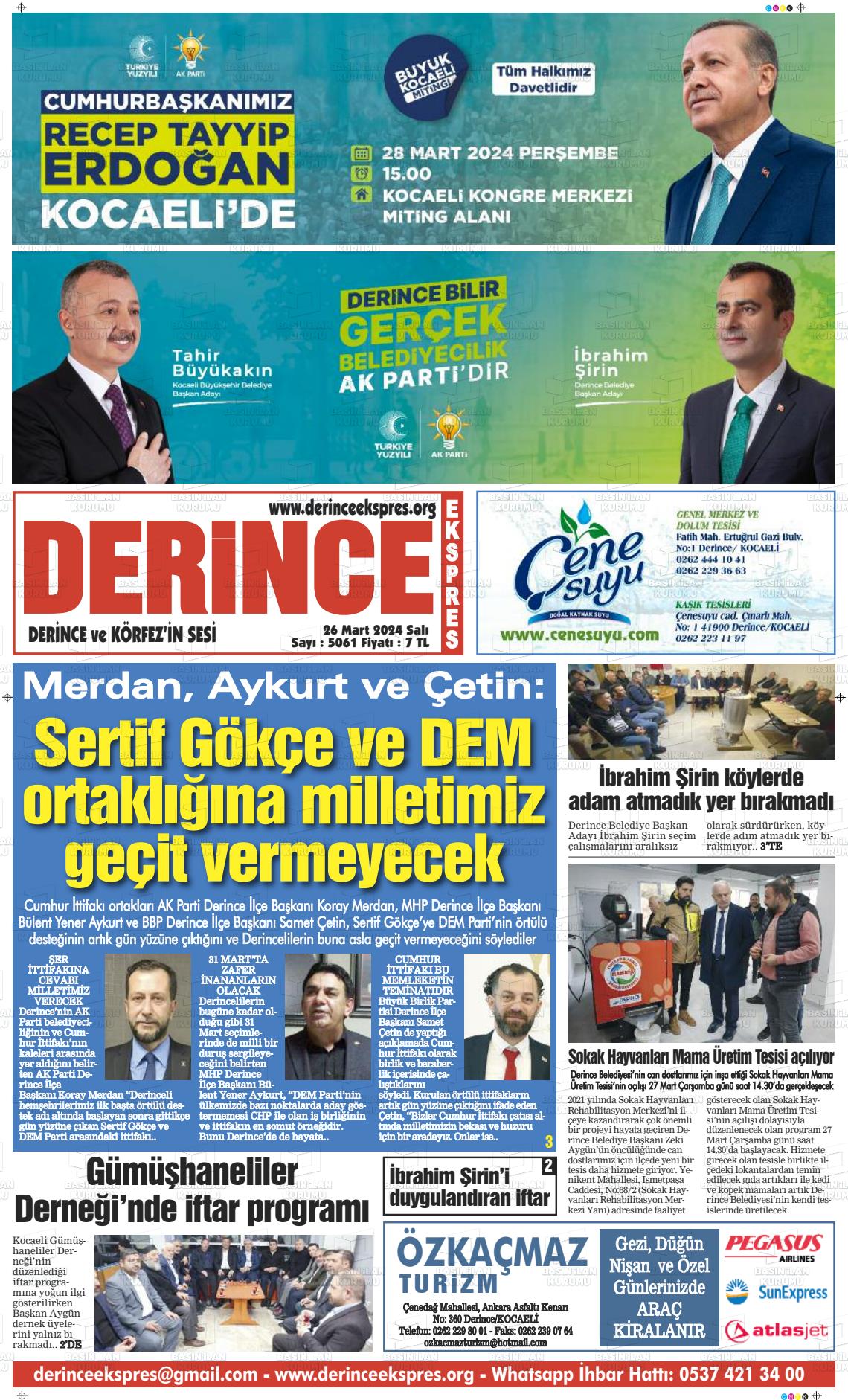 26 Mart 2024 Derince Ekspres Gazete Manşeti