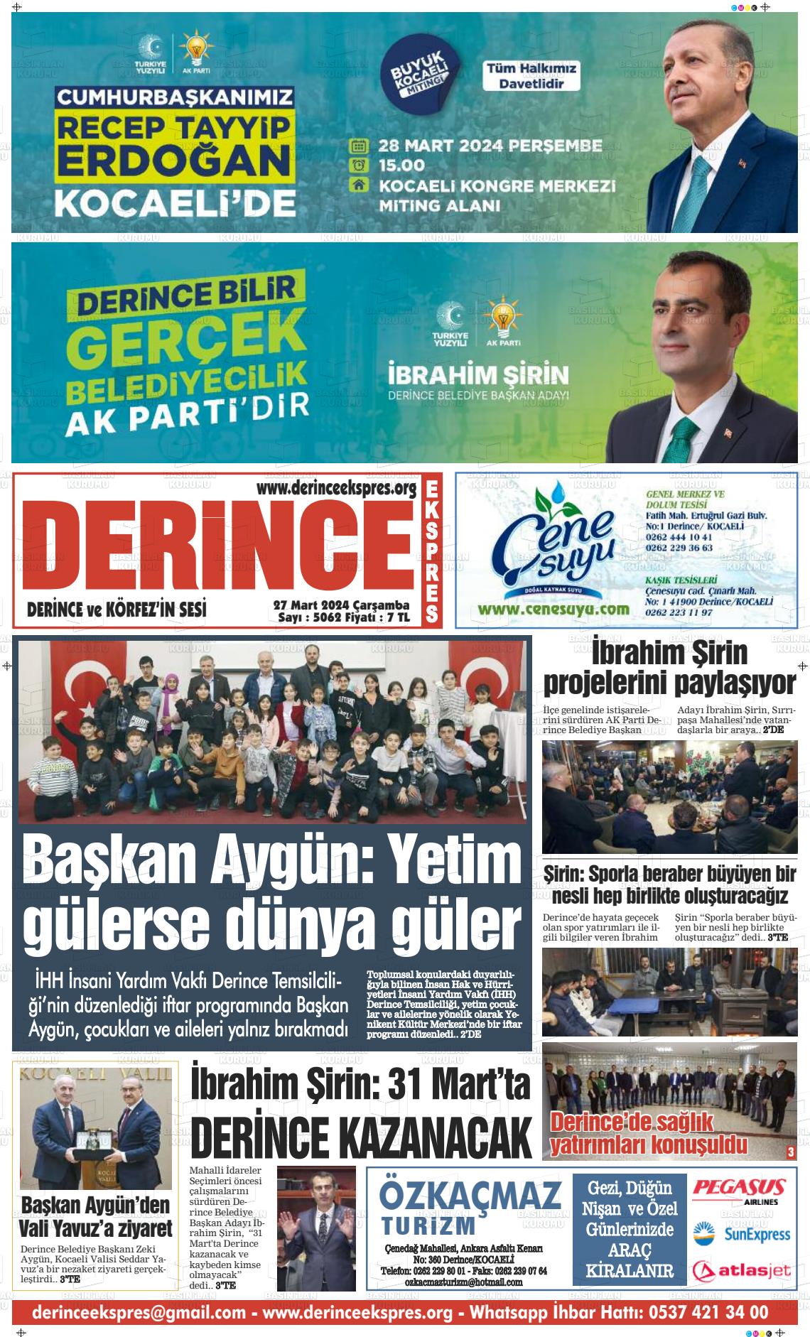 27 Mart 2024 Derince Ekspres Gazete Manşeti