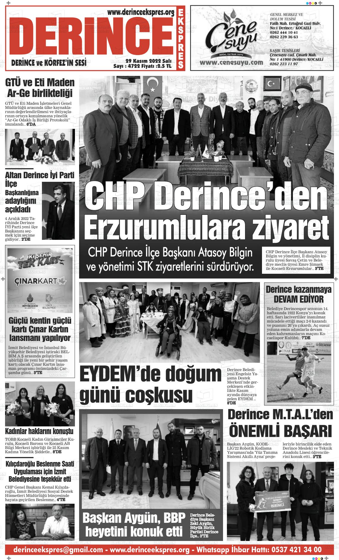 29 Kasım 2022 Derince Ekspres Gazete Manşeti