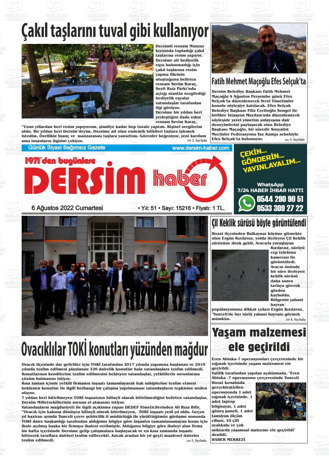 06 Ağustos 2022 DERSİM HABER Gazete Manşeti