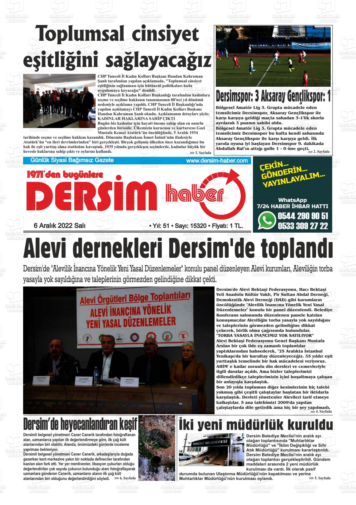06 Aralık 2022 DERSİM HABER Gazete Manşeti