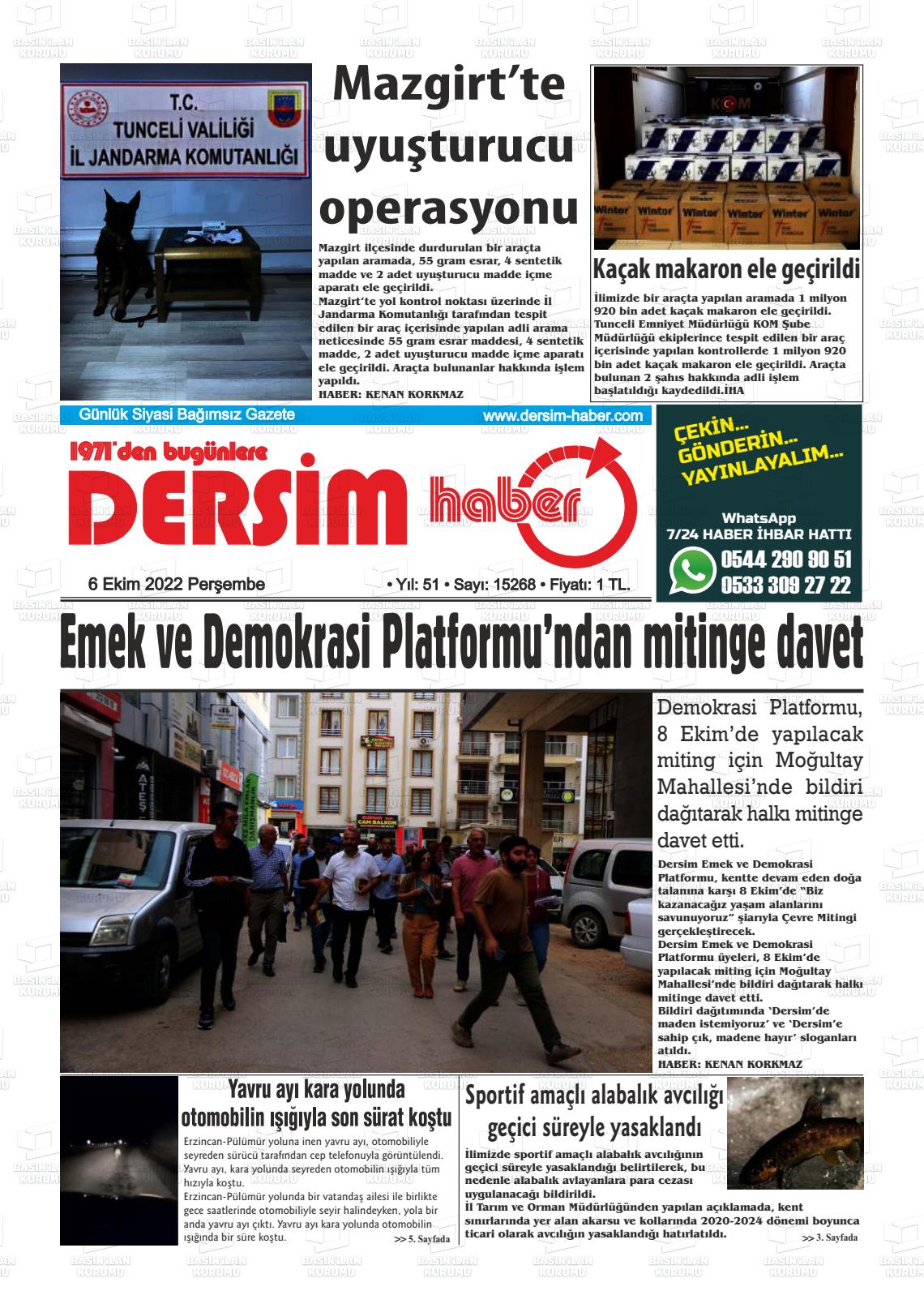 06 Ekim 2022 DERSİM HABER Gazete Manşeti