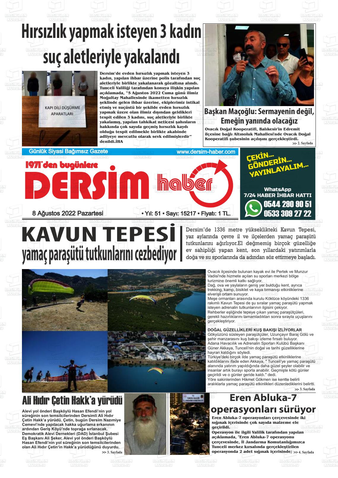 08 Ağustos 2022 DERSİM HABER Gazete Manşeti