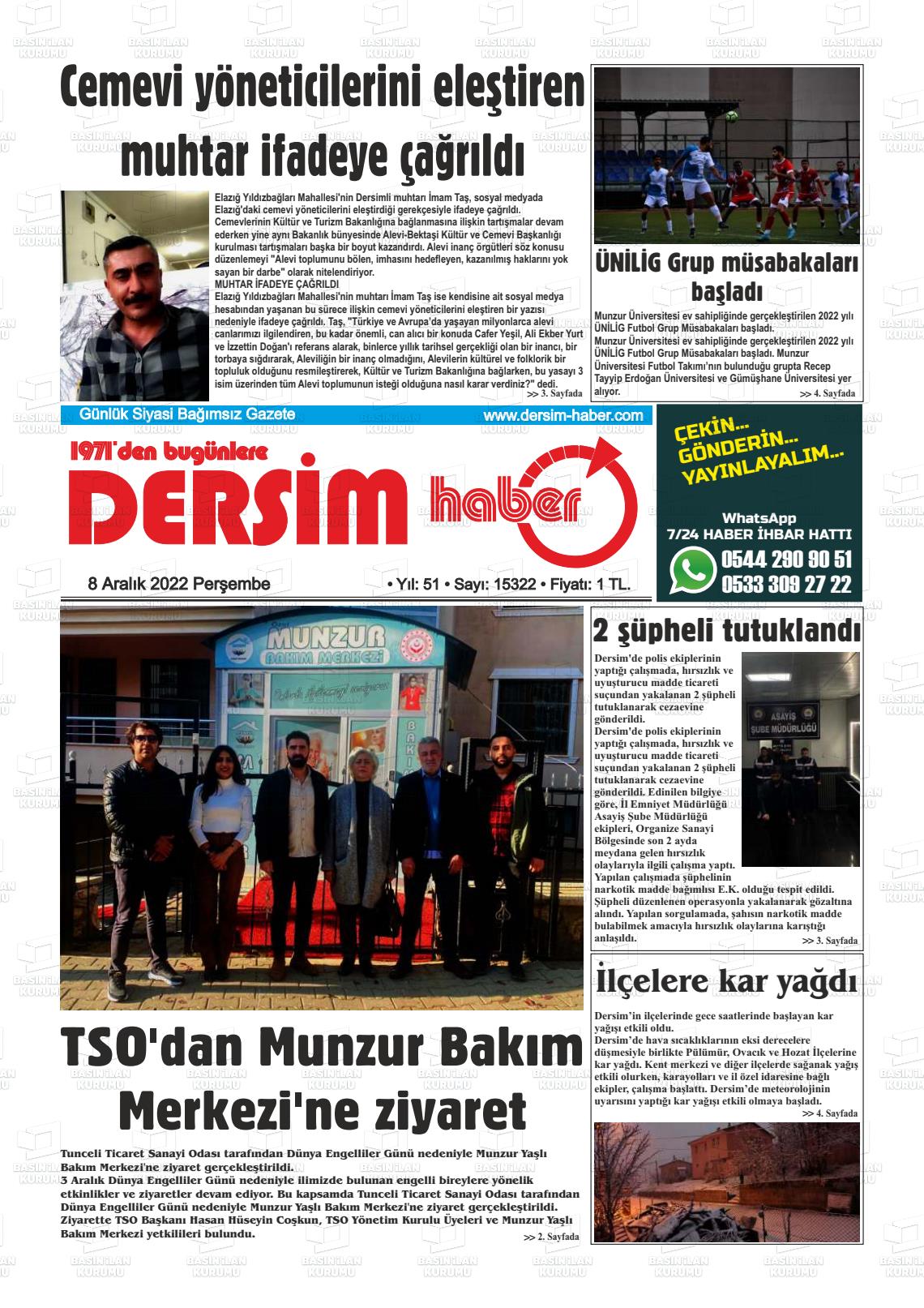 08 Aralık 2022 DERSİM HABER Gazete Manşeti