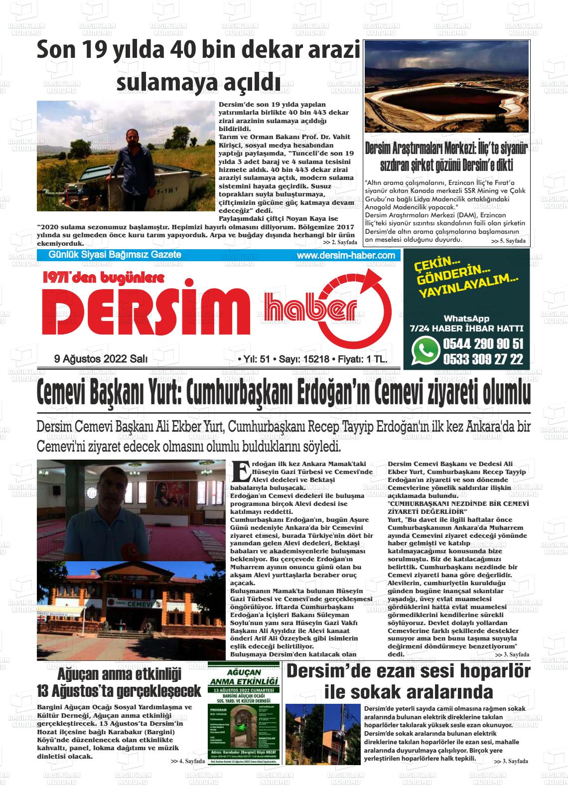 09 Ağustos 2022 DERSİM HABER Gazete Manşeti