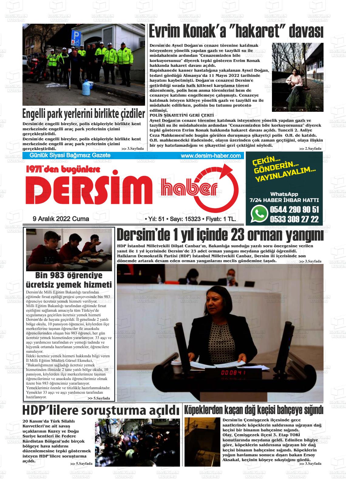 09 Aralık 2022 DERSİM HABER Gazete Manşeti