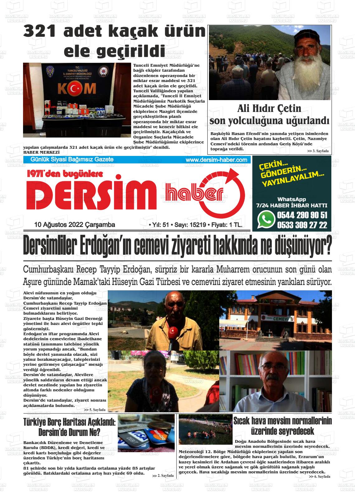 10 Ağustos 2022 DERSİM HABER Gazete Manşeti