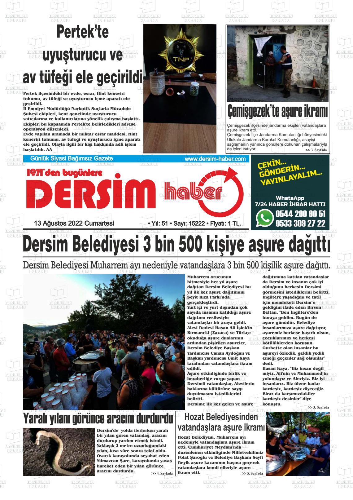 13 Ağustos 2022 DERSİM HABER Gazete Manşeti