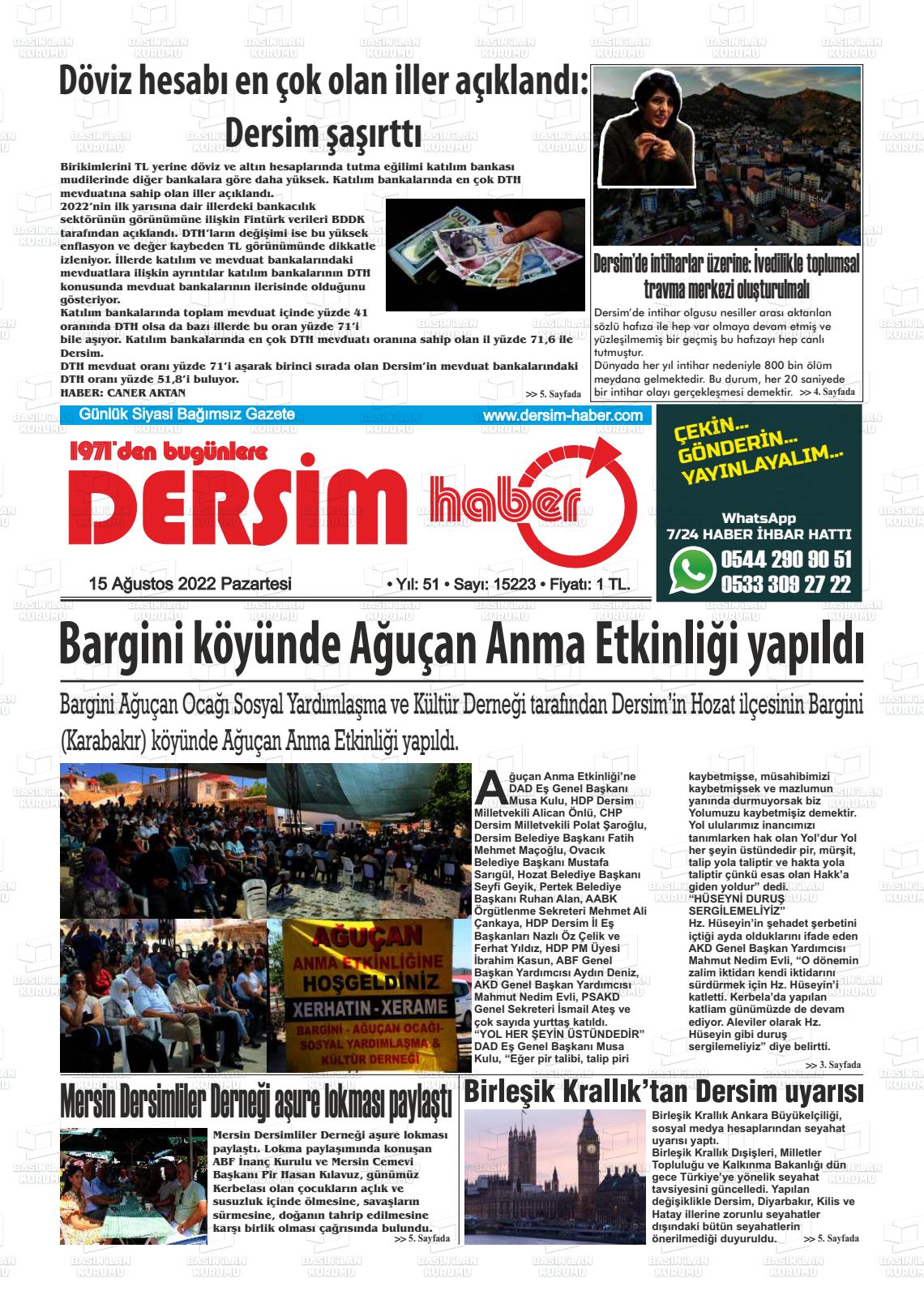 15 Ağustos 2022 DERSİM HABER Gazete Manşeti