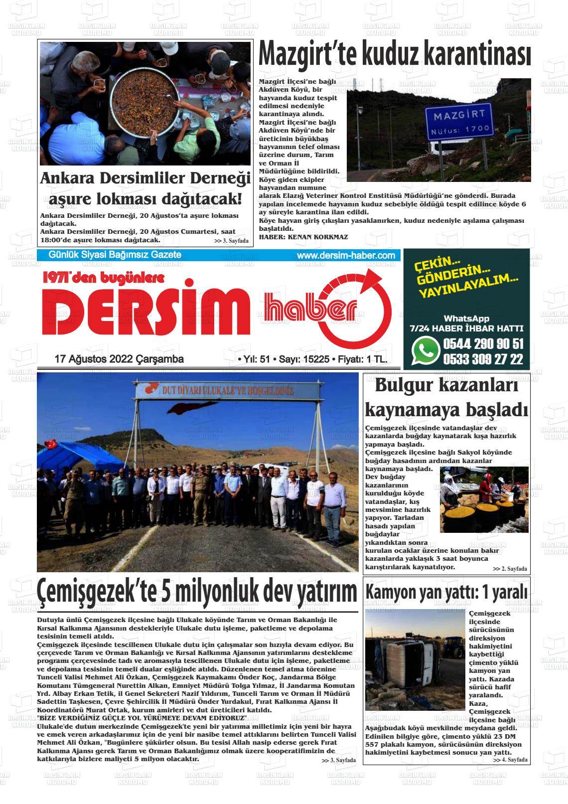 17 Ağustos 2022 DERSİM HABER Gazete Manşeti