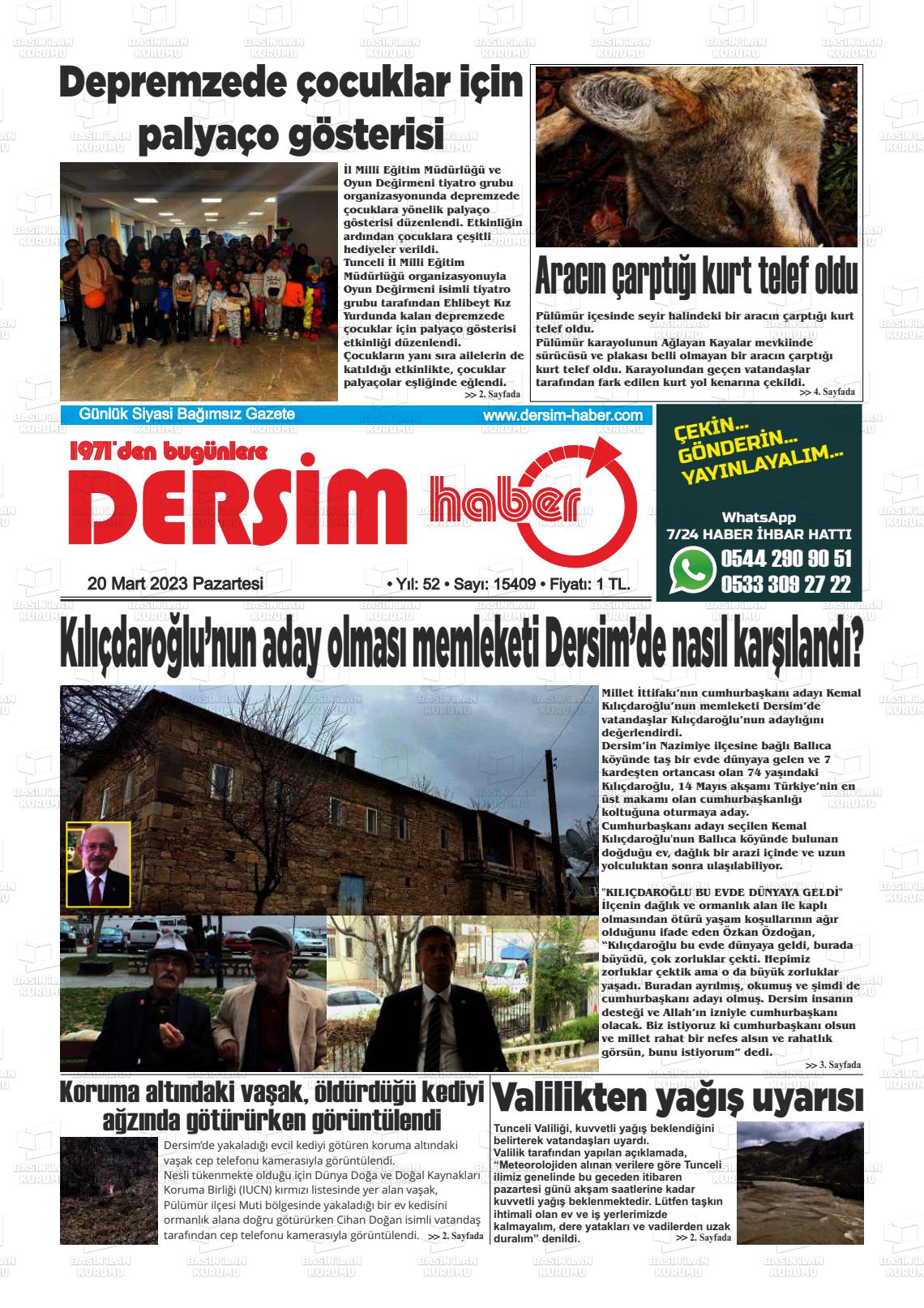 20 Mart 2023 DERSİM HABER Gazete Manşeti