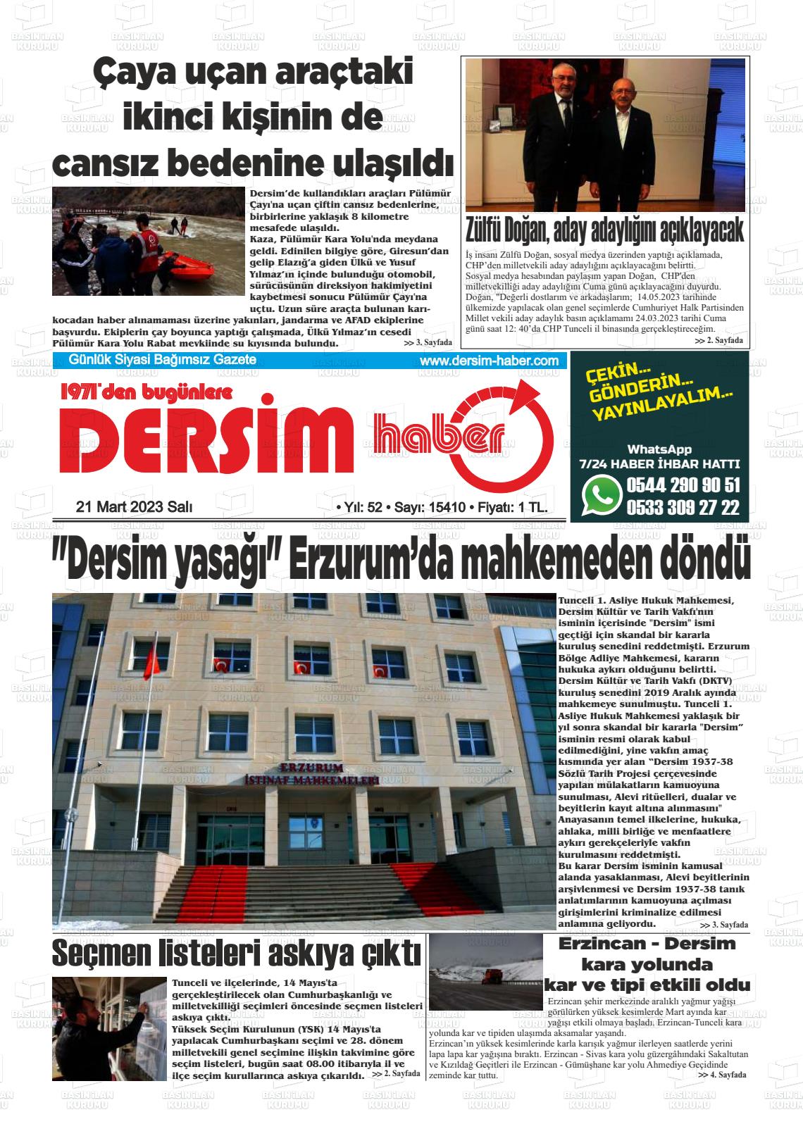 21 Mart 2023 DERSİM HABER Gazete Manşeti