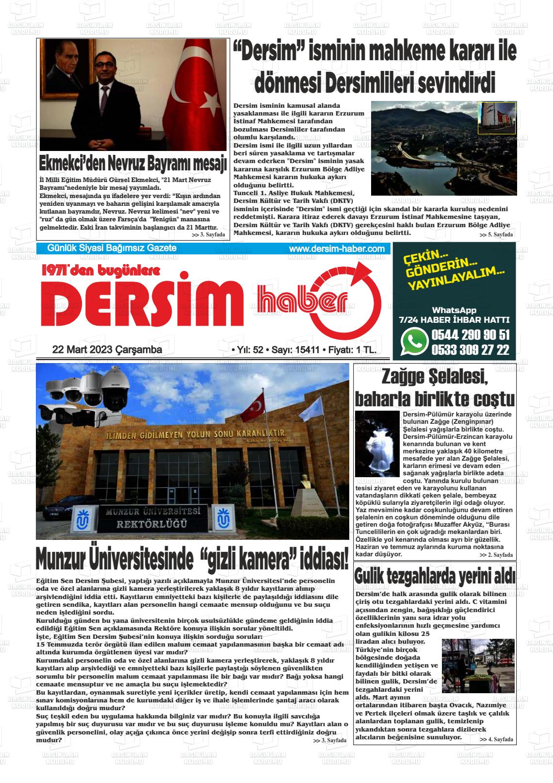22 Mart 2023 DERSİM HABER Gazete Manşeti
