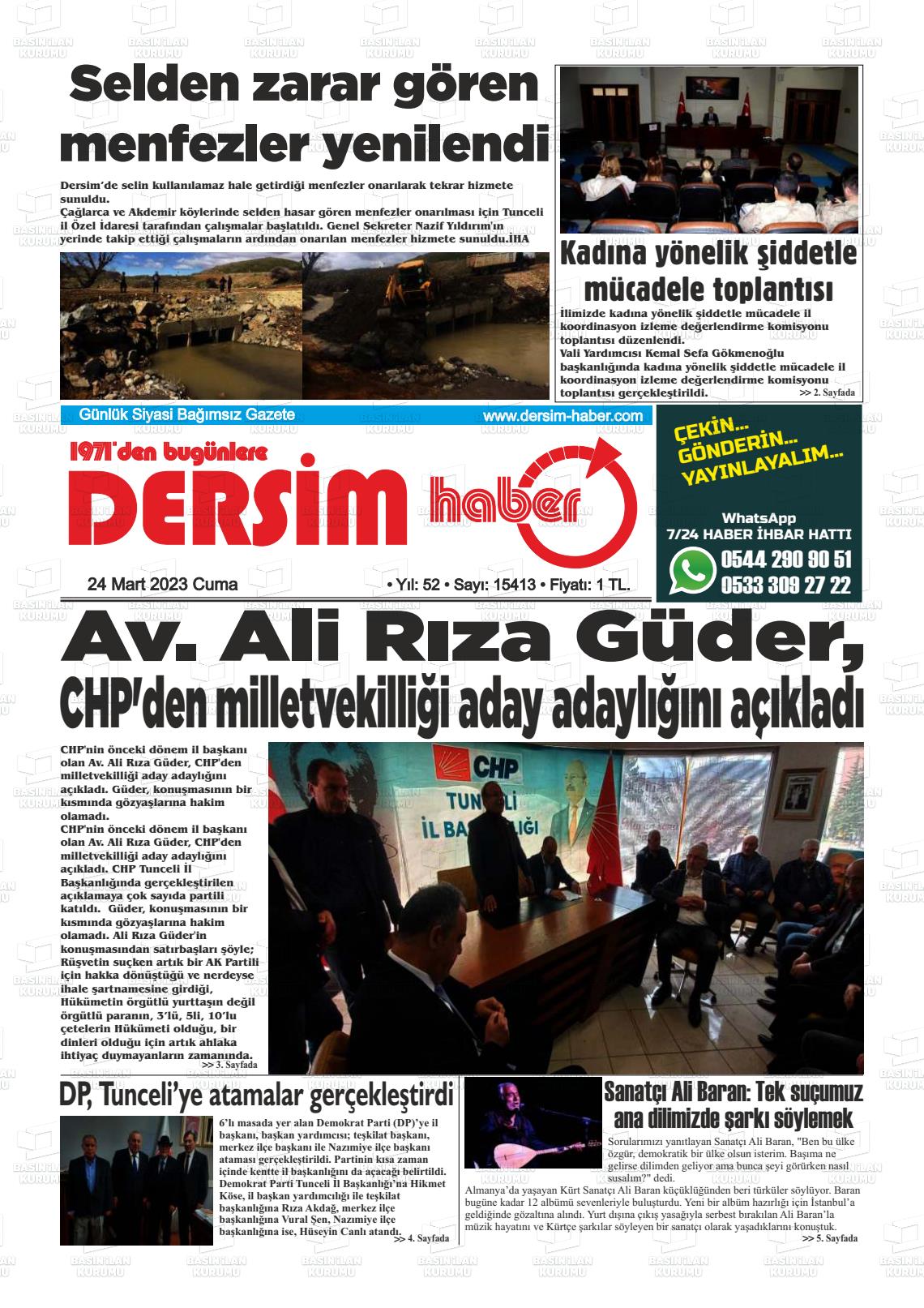24 Mart 2023 DERSİM HABER Gazete Manşeti