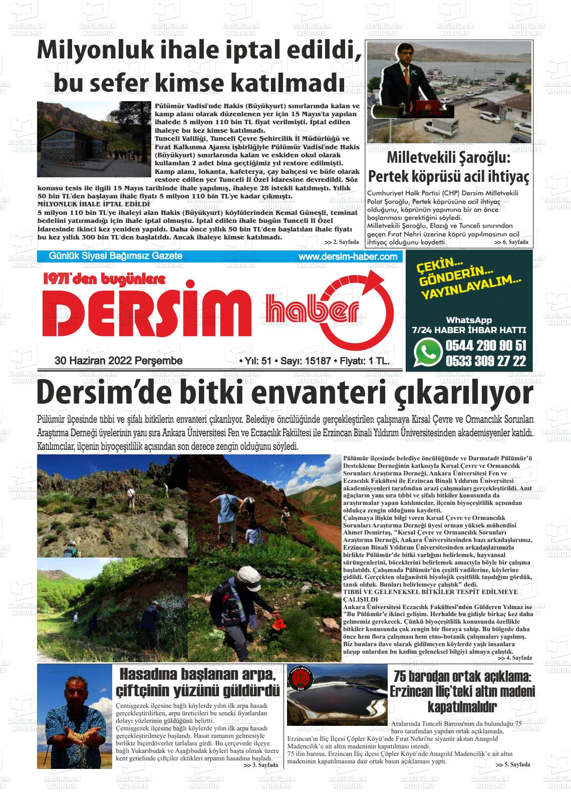 02 Temmuz 2022 DERSİM HABER Gazete Manşeti