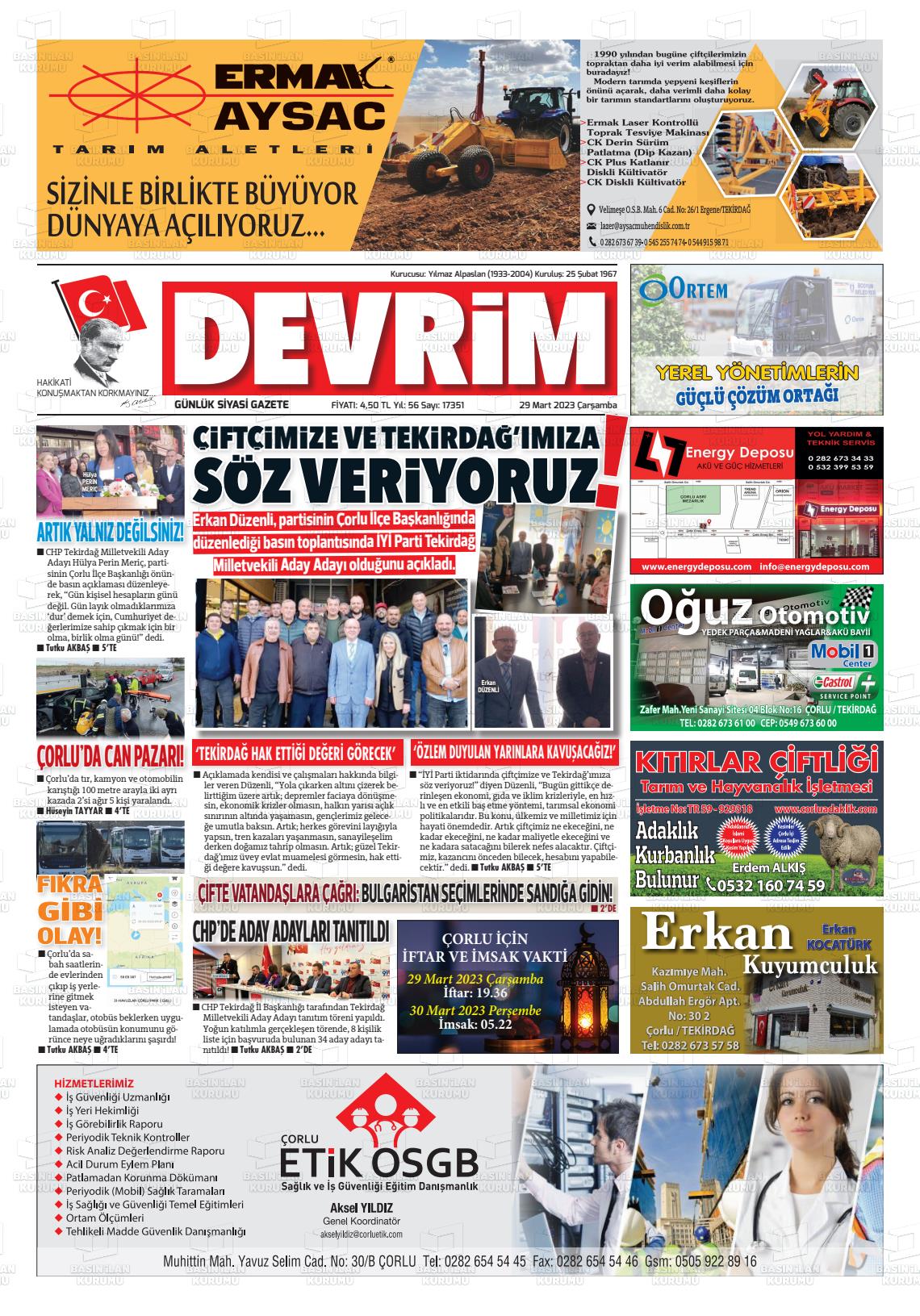 29 Mart 2023 Devrim Gazete Manşeti