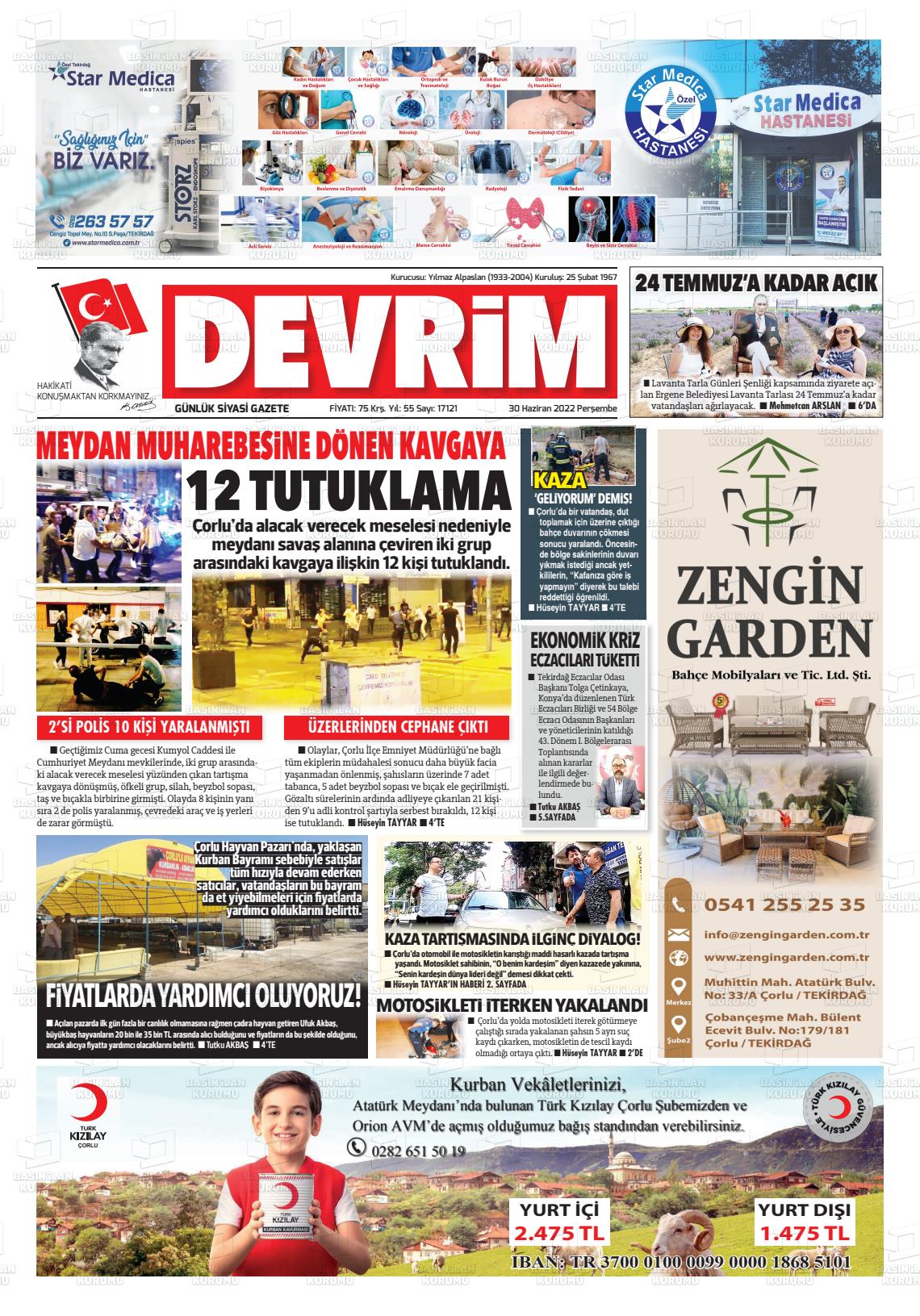 01 Temmuz 2022 Devrim Gazete Manşeti