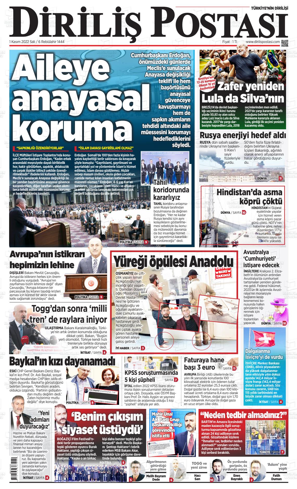 01 Kasım 2022 Diriliş Postası Gazete Manşeti