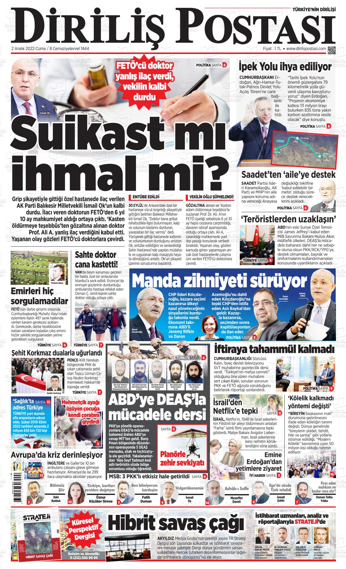02 Aralık 2022 Diriliş Postası Gazete Manşeti