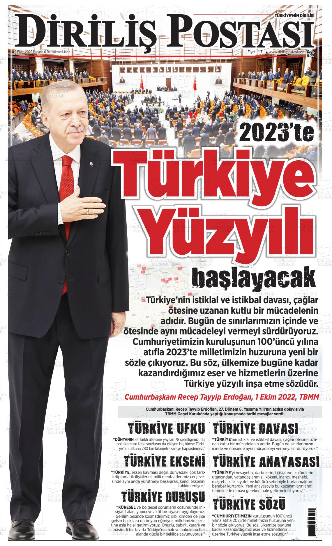 03 Ekim 2022 Diriliş Postası Gazete Manşeti
